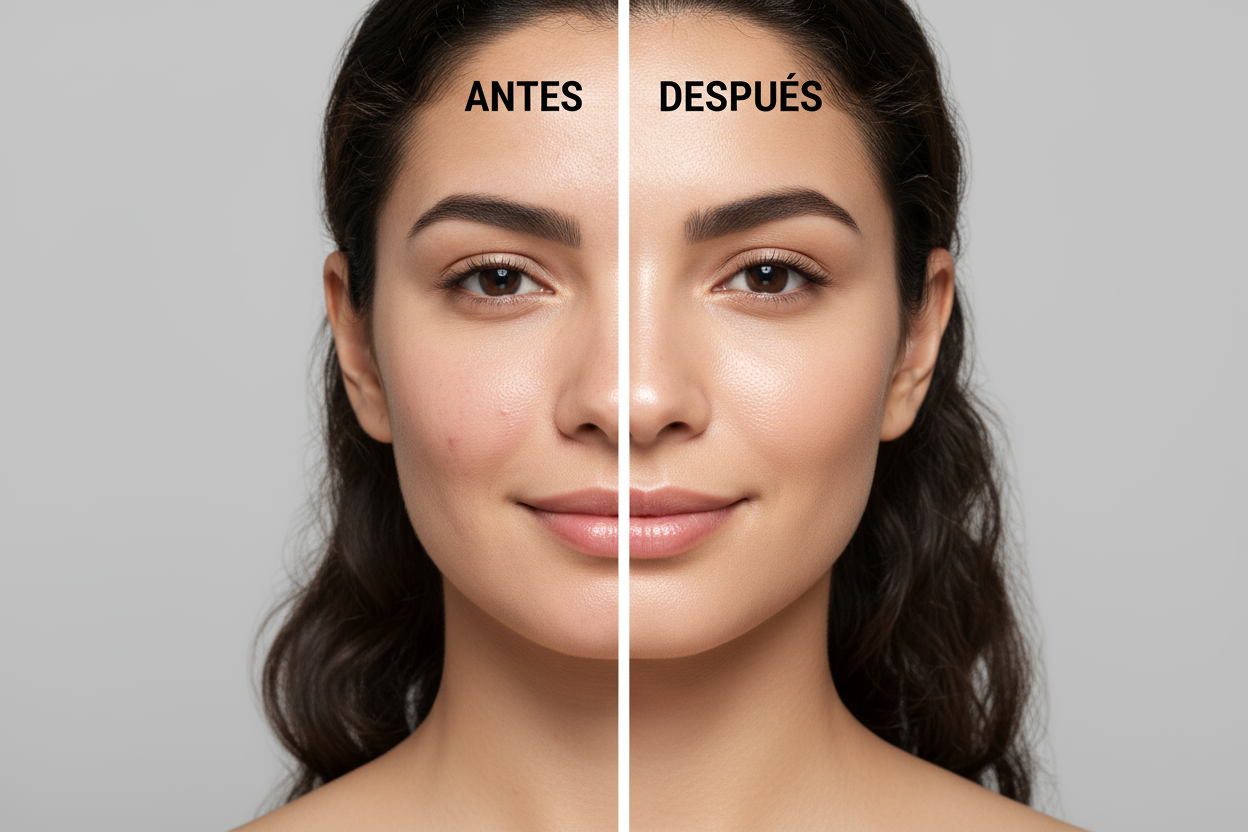 Serum Facial con Niacinamida un antes y despues en el rostro de una mujer